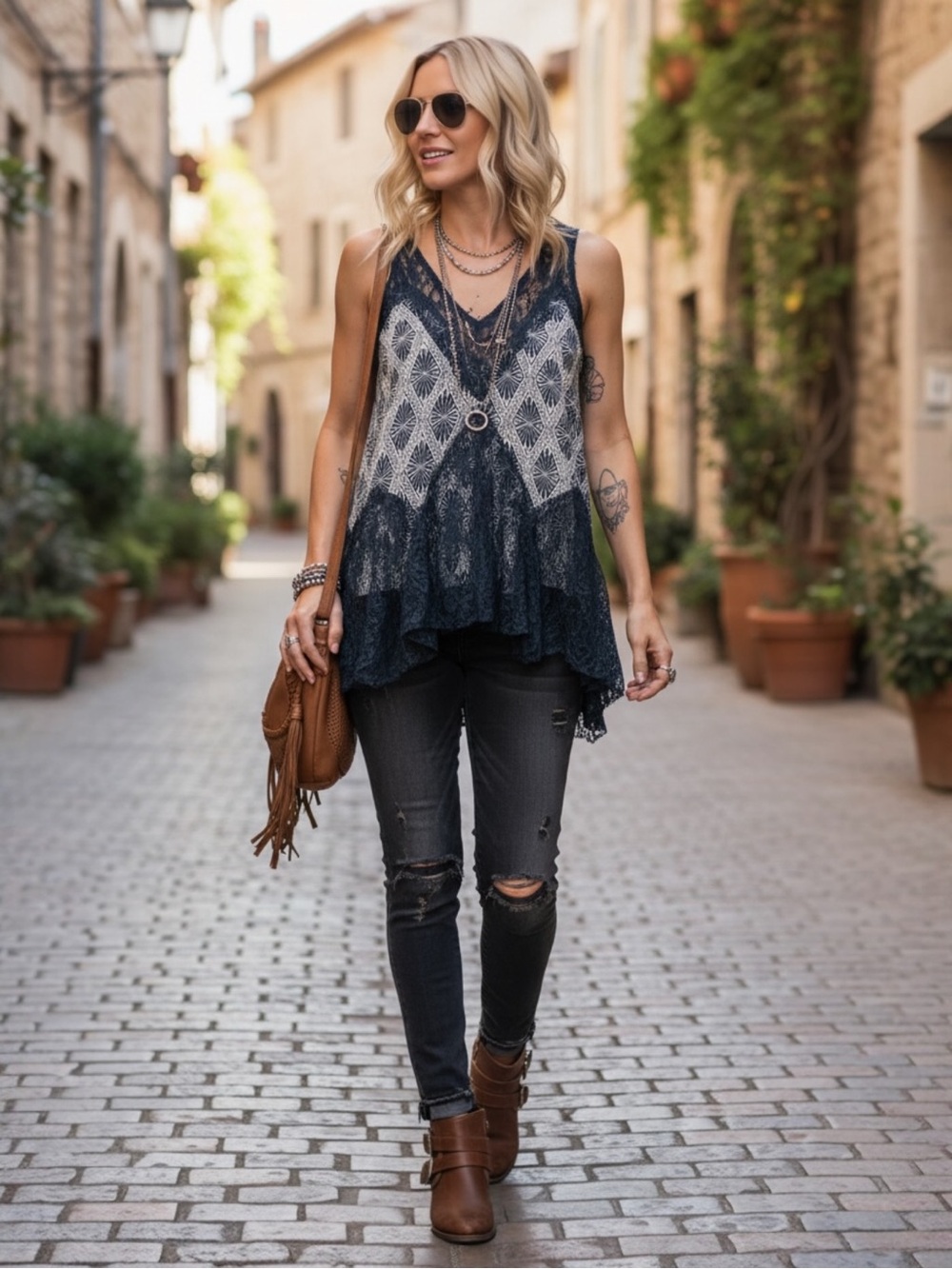 Free People Printed Cami Bell Trapeze Tank Top - Boho Lace Tunic NWT Size Small - Picture 14 of 15